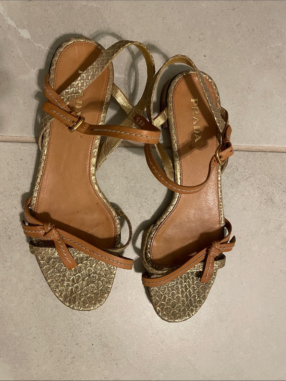 Prada Gold Metallic & Tan Leather Braided Strap Sandals